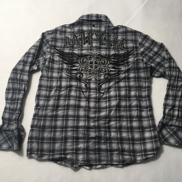 Roar Button Up Embroidered Long Sleeve Stiped Plaid Shirt Mens Medium Casual - Picture 10 of 12